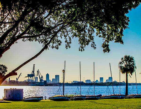 The St. Johns River from the shore of campus, with sunlight filtering through the trees.